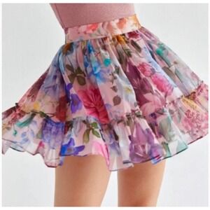 Francescas Mi Ami Floral Ruffle Mini Skirt S boho fairy flowy whimsi dainty pink